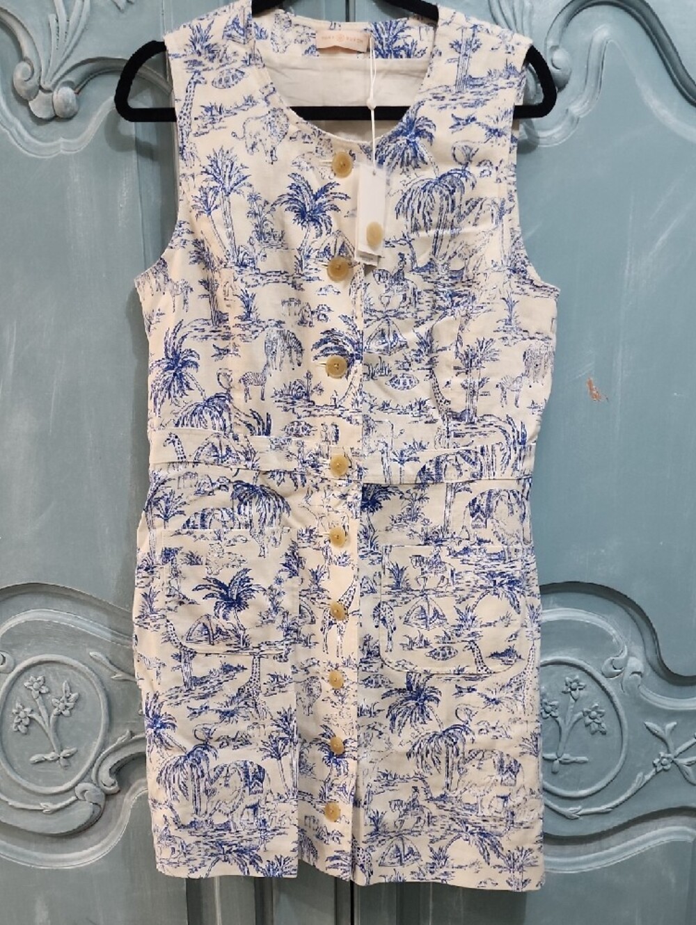 Tory Burch Cream and Blue Toile Sleeveless Button Front Dress - Picture 2 of 11